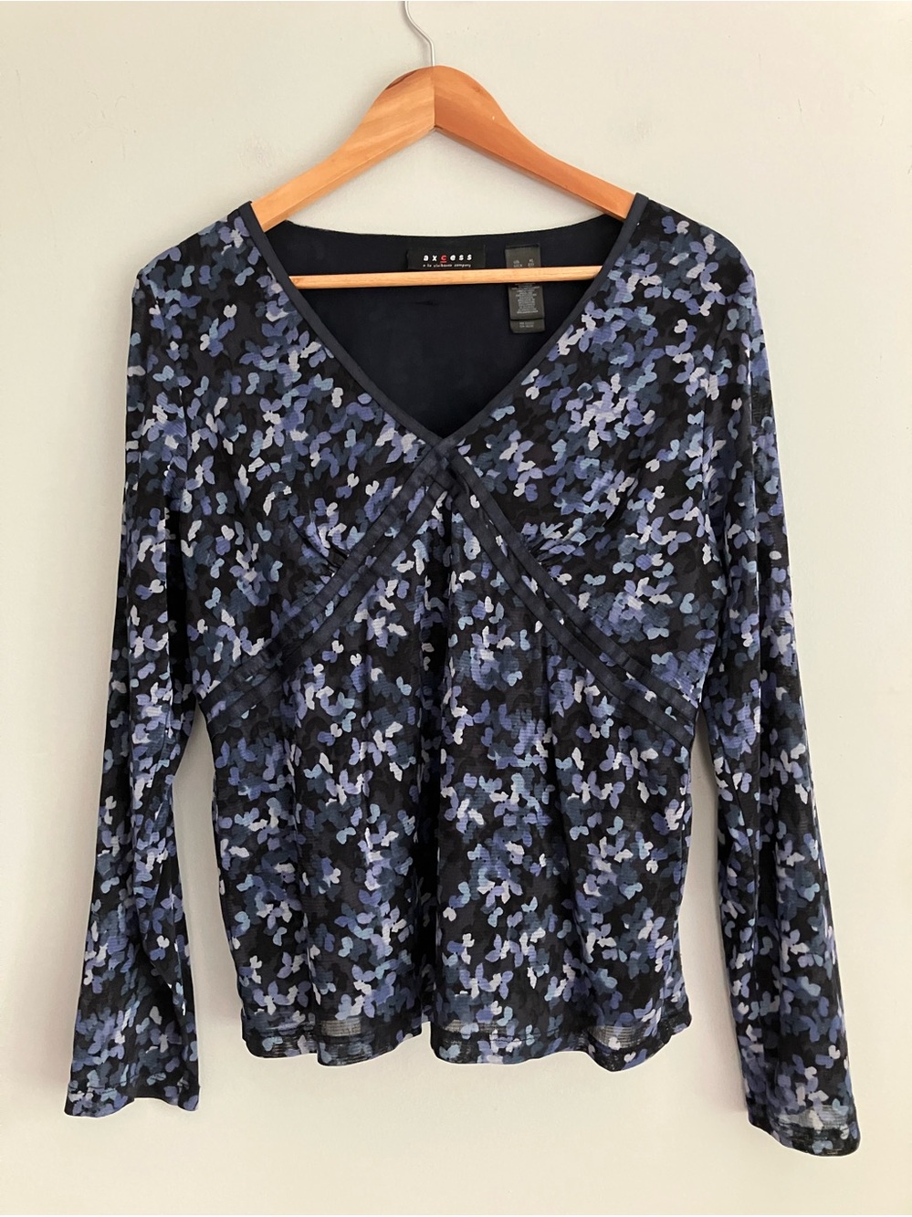 AXCESS Liz Claiborne Vintage Navy Y2K Patterned Mesh Long Sleeve Top Size S-L